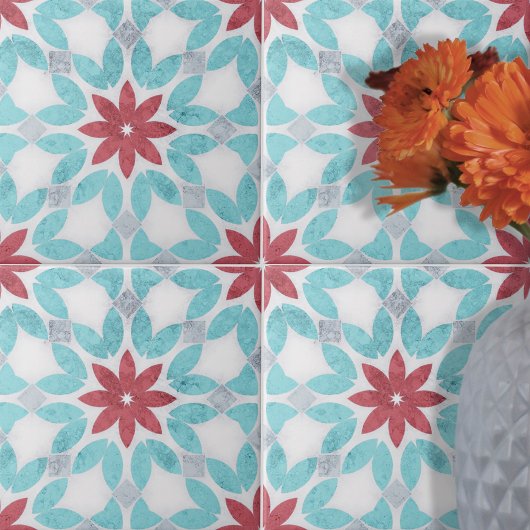 対称フローラ赤い青の灰色の石 – テクスチャ タイル