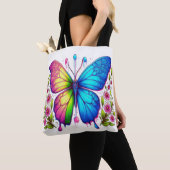 対称美しい：ピンクとブルーバタフライ トートバッグ (クローズアップ)