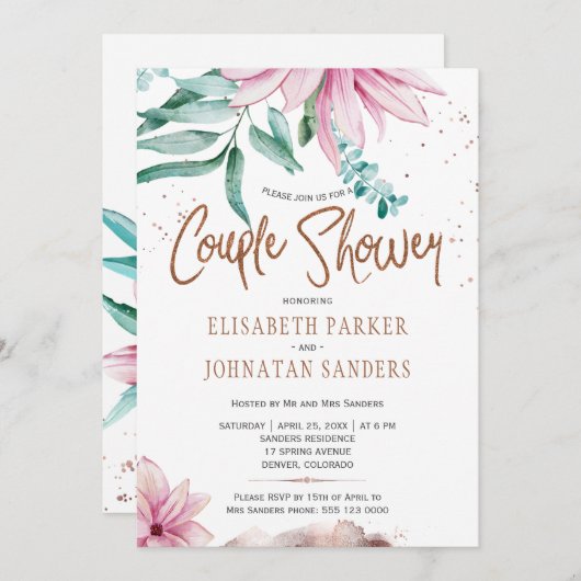 対結婚銅グリッターピンクのカップルのシャワー 招待状 (正面/裏面)