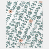 対角の植物ティール(緑がかった色)名花のパターン フリースブランケット (正面)