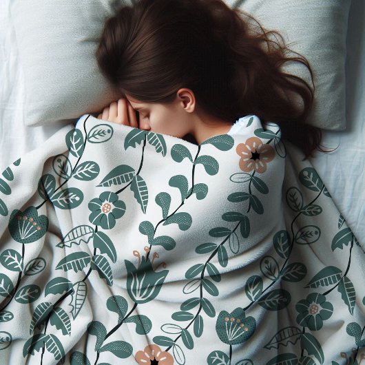 対角の植物ティール(緑がかった色)名花のパターン フリースブランケット