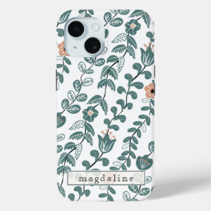 対角の植物ティール(緑がかった色)名花のパターン iPhone 15ケース