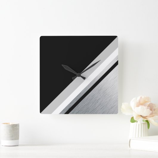 対角の黒、グレー、メタリックなストライプ スクエア壁時計 (ホーム)