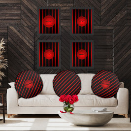 対角エレガント黒レッドストライプモノグラム名 ラウンドクッション