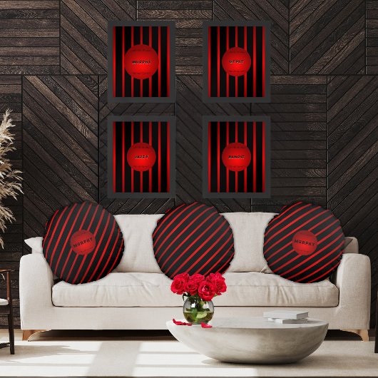 対角エレガント黒レッドストライプモノグラム名 ラウンドクッション