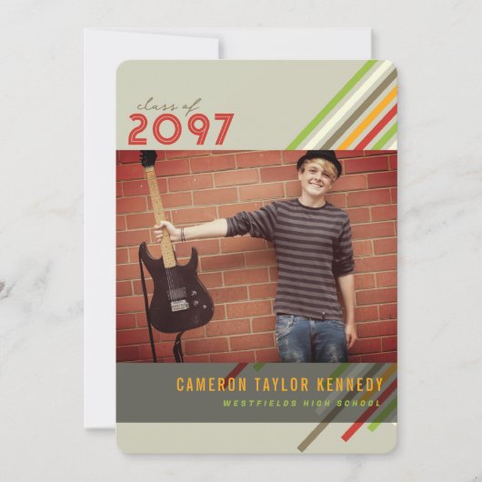 対角カラフルストライプ写真卒業パーティー 招待状 (正面)