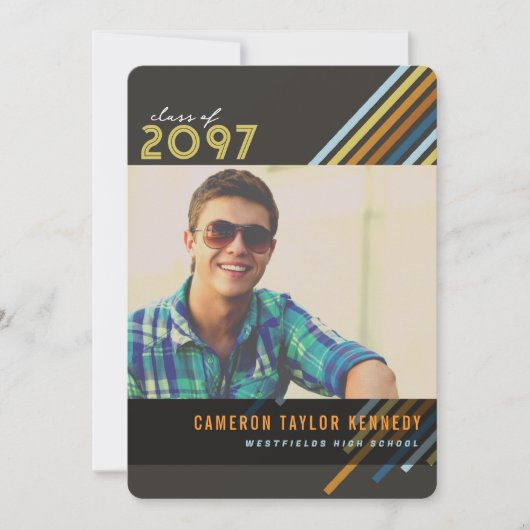 対角カラフルストライプ写真卒業パーティー 招待状 (正面)