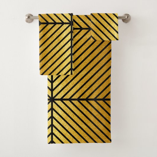 対角ブラックストライプの金ゴールドリーフテクスチャバスセット バスタオルセット (インサイチュ)