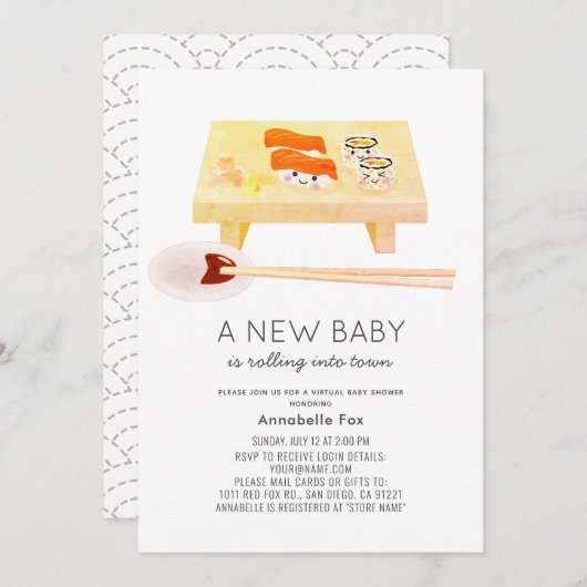 寿司かわいいバーチャルベビーシャワー 招待状 (正面/裏面)