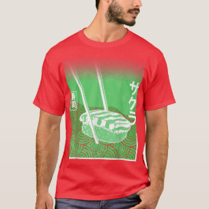 寿司と桜日本のさくらんぼブロッサムグリーンカラー Tシャツ