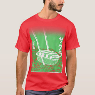 寿司と桜日本のさくらんぼブロッサムグリーンカラー Tシャツ