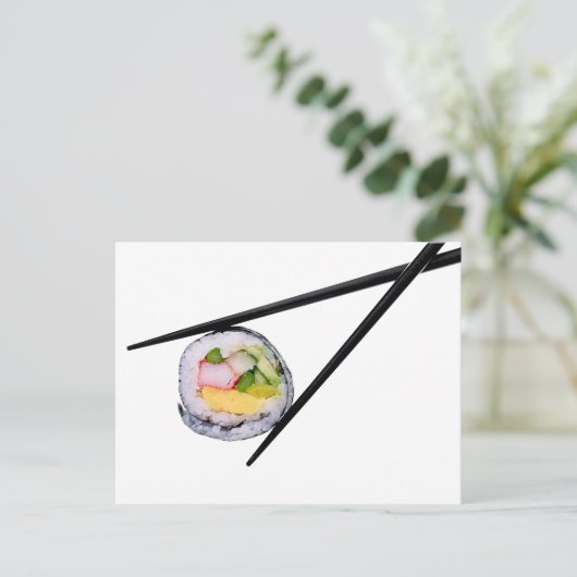 寿司と黒箸の寿司、箸、お笑い ポストカード (スタンド正面)