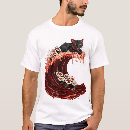 寿司にゃんこドリーム 変わった日本食の子猫 Tシャツ (正面)