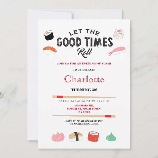 寿司の夕食と昼食　日本の誕生日パーティーのご招待 招待状 (正面)