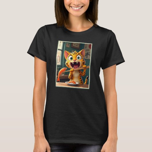 寿司を食べるネコ Tシャツ (正面)
