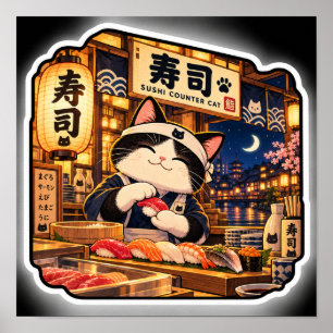 寿司カウンターの猫ポスター   日本の寿司バーアート ポスター