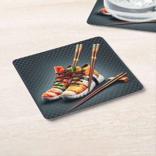 寿司スニーカーと箸のユーモア スクエアペーパーコースター (アングル)