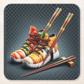 寿司スニーカーと箸のユーモア スクエアペーパーコースター (正面)