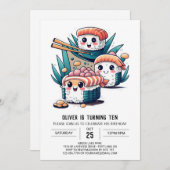 寿司パーティーおもしろい子供の誕生日 招待状 (正面/裏面)