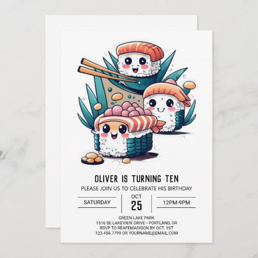 寿司パーティーおもしろい子供の誕生日 招待状 (正面/裏面)
