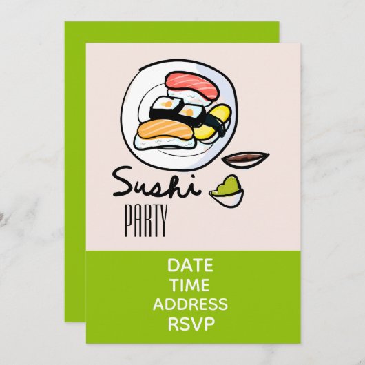 寿司パーティーモダンスタイリッシュ日本のパーティー 招待状 (正面/裏面)
