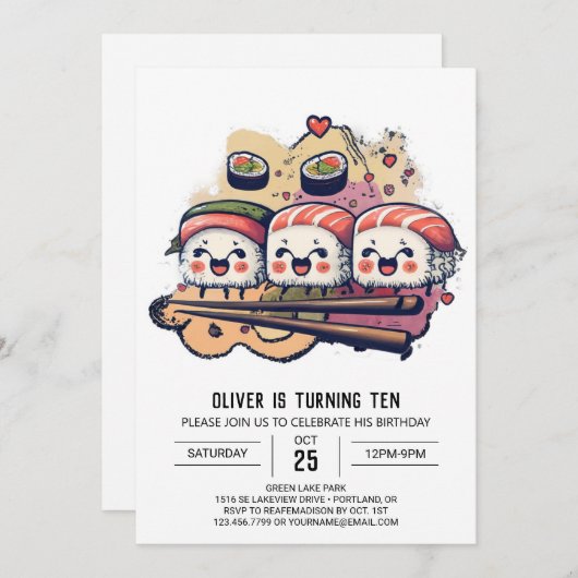 寿司パーティー編集可能誕生日 招待状 (正面/裏面)