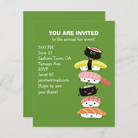 寿司塔 – 寿司仲間のかわいいおもしろいスタック 招待状 (正面/裏面)