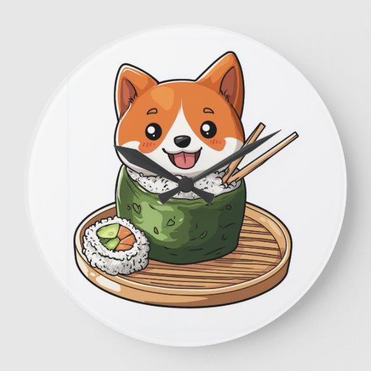 寿司柴犬 � 面白い食べ物の犬 ラージ壁時計 (正面)