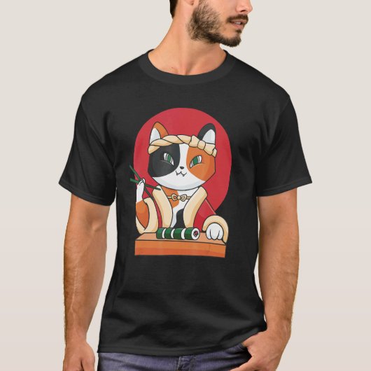 寿司猫のキャラクター フード ペット 魚 Tシャツ (正面)