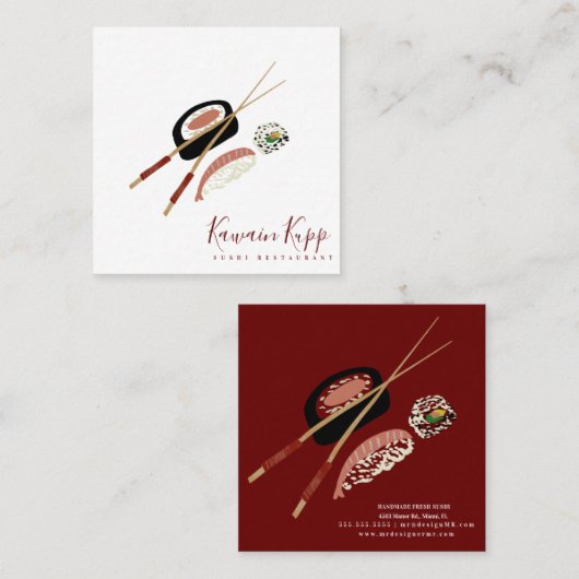 寿司転が箸·バーガンディ·レストランのロゴ スクエア名刺 (正面/裏面)