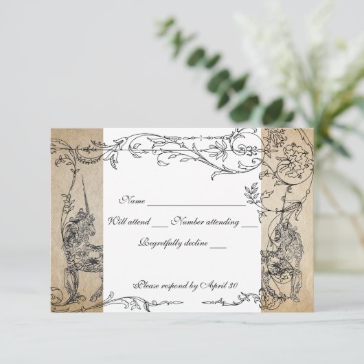 封筒が付いているユニコーンの物語の本のrsvp 出欠カード (スタンド正面)