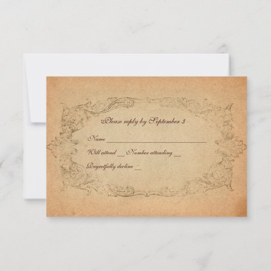封筒が付いている旧式な楕円形の羊皮紙のrsvp 出欠カード (裏面)