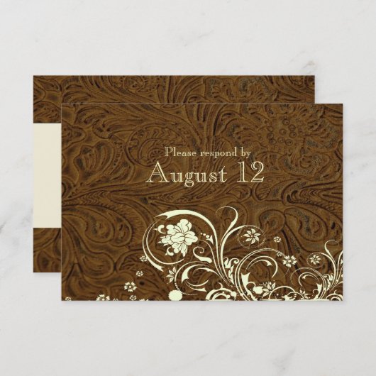 封筒が付いている焦茶の革クリーム色のレースRSVP 出欠カード (正面/裏面)