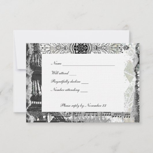 封筒が付いている黒いパリエッフェル塔音楽rsvp 出欠カード (正面)