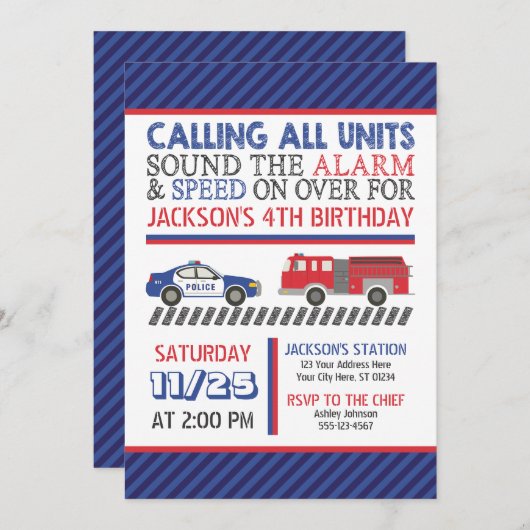 封筒つき警察と火災誕生日招待状 招待状 (正面/裏面)