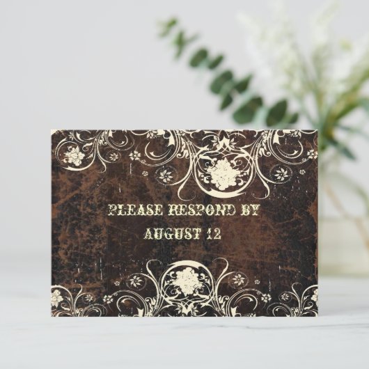 封筒との引きずられた革およびレースRSVP 出欠カード (スタンド正面)