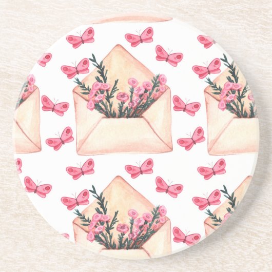 封筒の中の水彩花のシームレスパターン コースター (正面)
