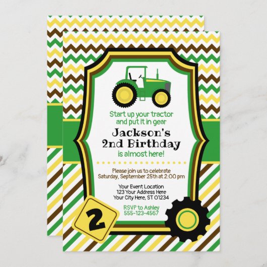 封筒を持つトラクターの誕生日の招待状 招待状 (正面/裏面)