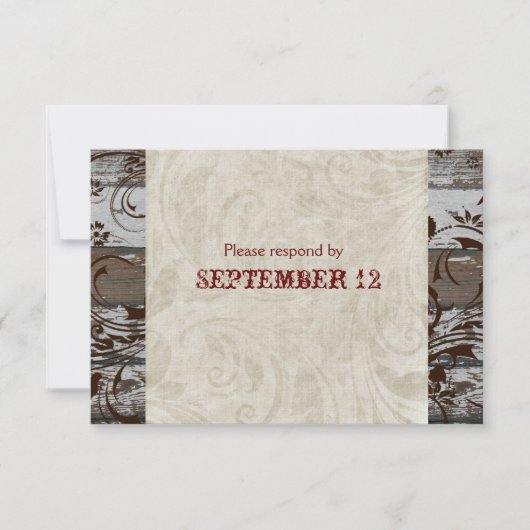 封筒を持つ木および羊皮紙の渦巻ブラウンRSVP 出欠カード (正面)