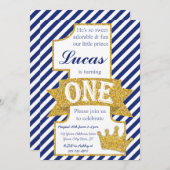 封筒を持つFirst Birthday Invitation王子 招待状 (正面/裏面)