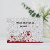 封筒付き白レザーと赤レースのRSVP 出欠カード (スタンド正面)