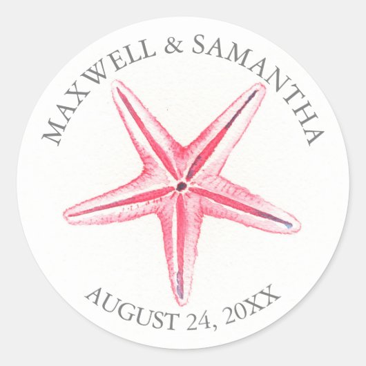 封筒用シールステッカー、ピンクヒトデビーチ結婚式 ラウンドシール (正面)