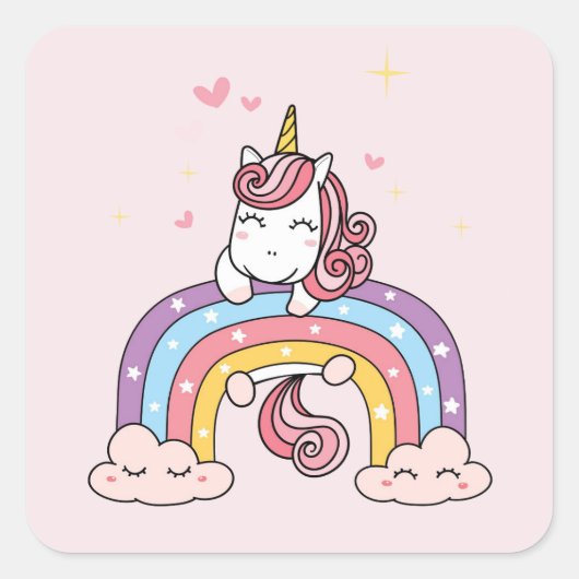 封筒用シールステッカー： UNICORN + RAINBOW スクエアシール (正面)