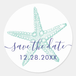 封筒用シールブルーティール（緑がかった色）ヒトデビーチ結婚式 ラウンドシール