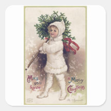 封筒用シール:ヴィンテージ：女の子+クリスマスツリー