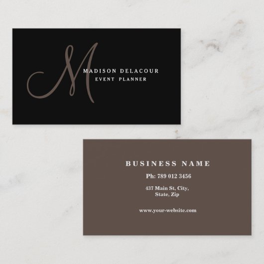 専門のエレガントでモダンなモノグラムの黒及び白 名刺 (正面/裏面)