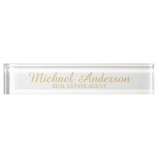 専門のエレガントな白および金ゴールド デスクネームプレート (正面)