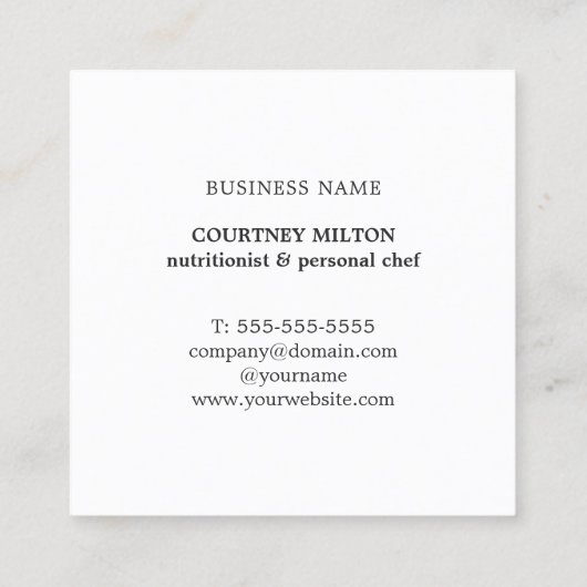 専門のエレガントな野菜の栄養士のシェフ スクエア名刺 (裏面)