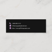 専門のカメラマンの紫色のカメラレンズ スキニー名刺 (裏面)