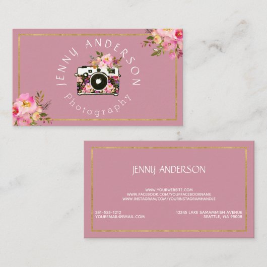 専門のピンクの金ゴールドの花のカメラのカメラマン 名刺 (正面/裏面)